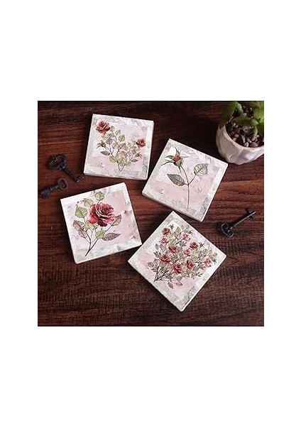 Pinecone Stone Gül Çiçek Taş Bardak Altlığı Seti - 4 Parça - Dekoratif, Rustik Mutfak Aksesuarı, 10