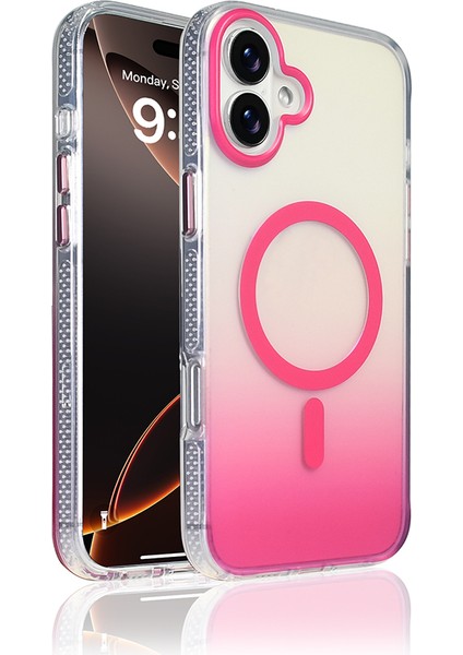 iPhone Uyumlu 16 Kılıf M-Safe Şarj Özellikli Transparan Renk Geçişli Zore Toros Kapak-Rose Pembe