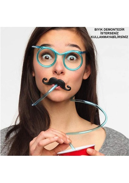 Pipetli Parti Gözlüğü - Çocuk ve Yetişkin Bıyıklı Pipet Gözlük Mavi Renk 18X14 cm