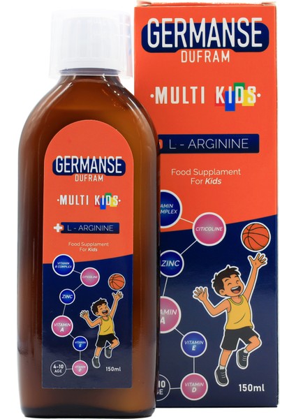 Dufram Multi Kids şurup 150 ml Multivitamin Multimineral L-Arjinin Sitikolin D3 B Vitamini
