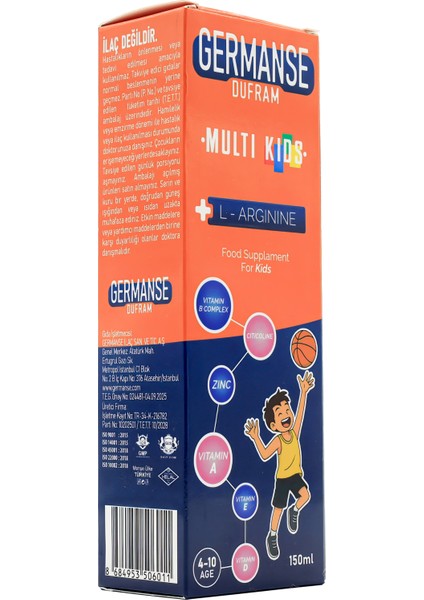 Dufram Multi Kids şurup 150 ml Multivitamin Multimineral L-Arjinin Sitikolin D3 B Vitamini fiyatları