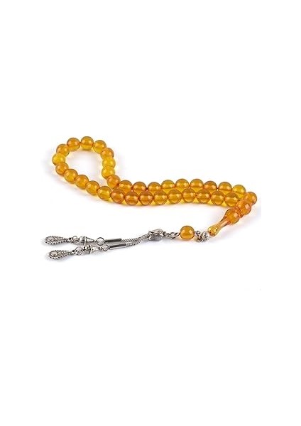 Sıkma Serisi Sarı Kehribar Tesbih Metal Püsküllü Tesbih Küre Kesim