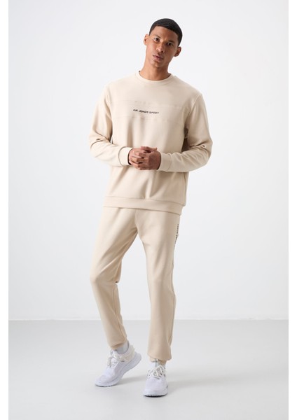 Bej Pamuklu Kalın Yumuşak Dokulu Comfort Fit Baskılı Erkek Eşofman Takım - 85253