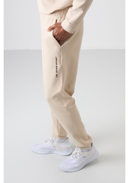 Bej Pamuklu Kalın Yumuşak Dokulu Comfort Fit Baskılı Erkek Eşofman Takım - 85253