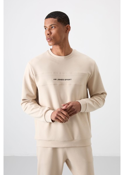 Bej Pamuklu Kalın Yumuşak Dokulu Comfort Fit Baskılı Erkek Eşofman Takım - 85253