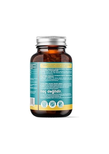 Naturagen Vitamin D3 + K2 1000 Iu 60 Kapsül | Glutensiz Kolay Yutulabilir Vitamin D3 K2 | 60 Yumuşa