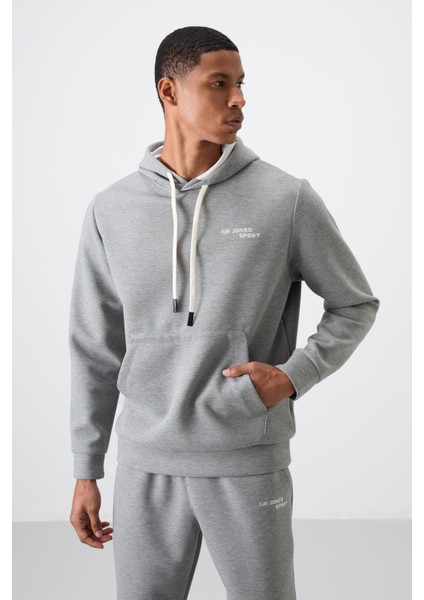 Gri Melanj Pamuklu Kalın Yumuşak Dokulu Comfort Fit Nakışlı Erkek Eşofman Takım - 85255