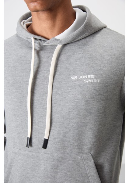 Gri Melanj Pamuklu Kalın Yumuşak Dokulu Comfort Fit Nakışlı Erkek Eşofman Takım - 85255