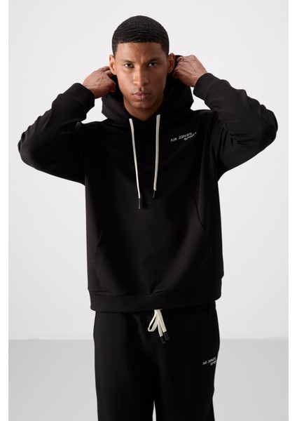 Ekru - Siyah Pamuklu Kalın Yumuşak Dokulu Comfort Fit Nakışlı Erkek Eşofman Takım - 85255