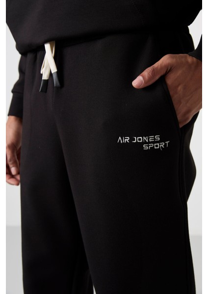 Ekru - Siyah Pamuklu Kalın Yumuşak Dokulu Comfort Fit Nakışlı Erkek Eşofman Takım - 85255