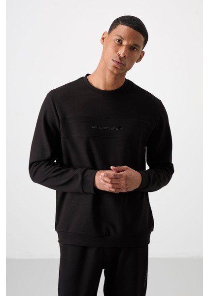 Siyah - Siyah Pamuklu Kalın Yumuşak Dokulu Comfort Fit Baskılı Erkek Eşofman Takım - 85253