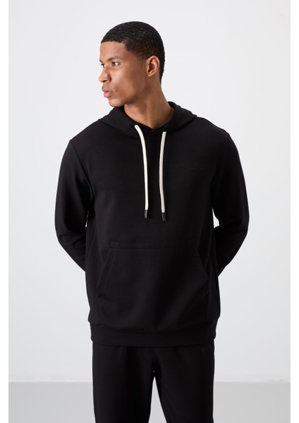 Siyah - Siyah Pamuklu Kalın Yumuşak Dokulu Comfort Fit Nakışlı Erkek Eşofman Takım - 85255