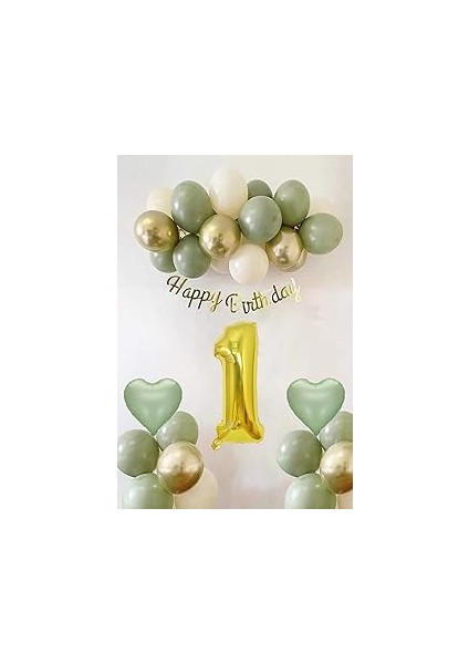 Patladı Gitti Adaçayı Konsept Doğum Günü Seti ; Küf Yeşili-Krom Gold- Deniz Kumu ve Adaçayı Kalp Fo