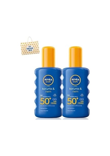 Sun Güneş Koruyucu ve Nemlendirici Vücut Spreyi 200ML, SPF50 Uva Uvb Koruması, X2ADET, Çanta Hediye
