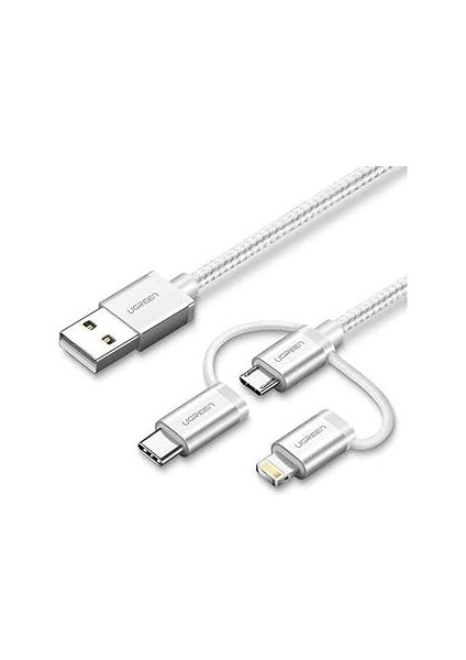 Ugreen 3'ü 1 Arada Ios Type-C USB Şarj ve Data Kablosu Gümüş 1 Metre