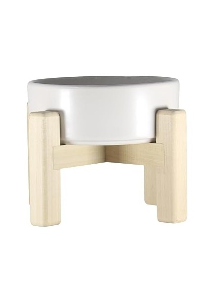 Yılmazel Ahşap Standlı Seramik Mama ve Su Kabı | Ergonomik Tasarım | 2 Farklı Yükseklik (Beyaz)