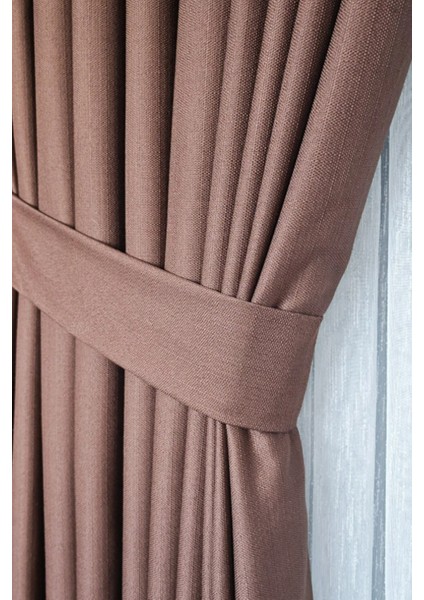 Keten Fon Perde, Koyu Kahve, Pano Fon, Sık Pile, Kuşaklı, Düz Renk, Tek Kanat