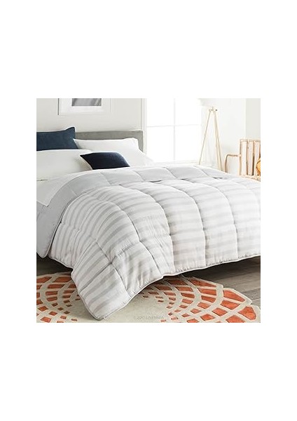 Linenspa (California King, Grey/white Stripe) - Reversible Striped Down Alternative Quilted