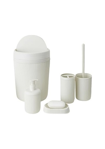 5’li Banyo Seti – Beyaz Renk, Çizgili Tasarım, Dayanıklı Plastik