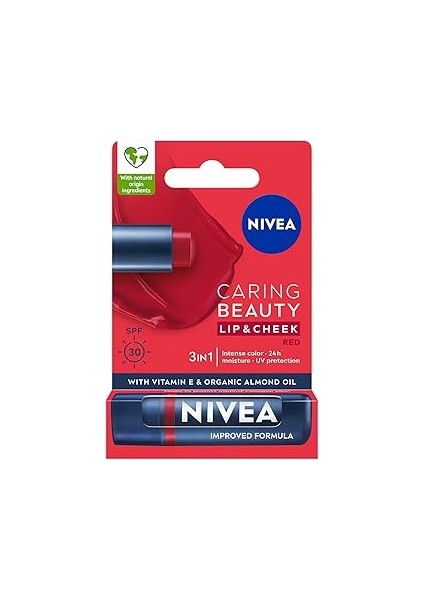 SPF30 Kırmızı Renkli Dudak Bakım Kremi,4,8gr,24 Saat Nemlendirme,e Vitamini,organik Badem Yağ
