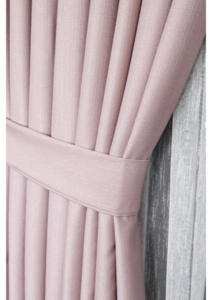 Keten Fon Perde, Pudra, Pano Fon, Sık Pile, Kuşaklı, Düz Renk, Tek Kanat