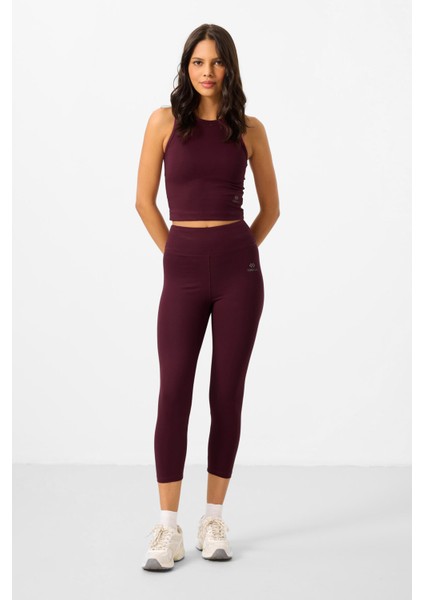 Bordo Yüksek Bel Kapri-Crop Atlet Slim Fit Kadın Tayt Takım - 95284