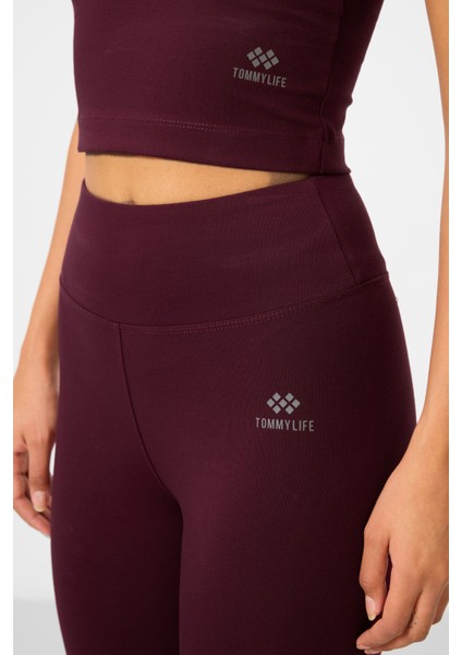 Bordo Yüksek Bel Kapri-Crop Atlet Slim Fit Kadın Tayt Takım - 95284