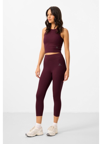 Bordo Yüksek Bel Kapri-Crop Atlet Slim Fit Kadın Tayt Takım - 95284
