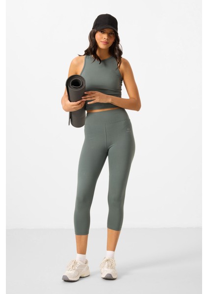 Çağla Yüksek Bel Kapri-Crop Atlet Slim Fit Kadın Tayt Takım - 95284