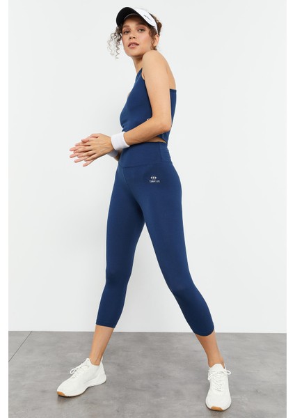 İndigo Yüksek Bel Kapri-Crop Atlet Slim Fit Kadın Tayt Takım - 95284