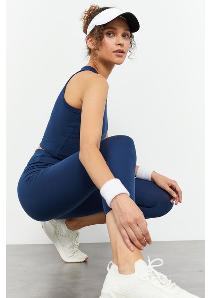 İndigo Yüksek Bel Kapri-Crop Atlet Slim Fit Kadın Tayt Takım - 95284