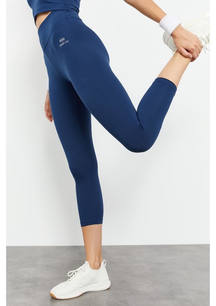 İndigo Yüksek Bel Kapri-Crop Atlet Slim Fit Kadın Tayt Takım - 95284