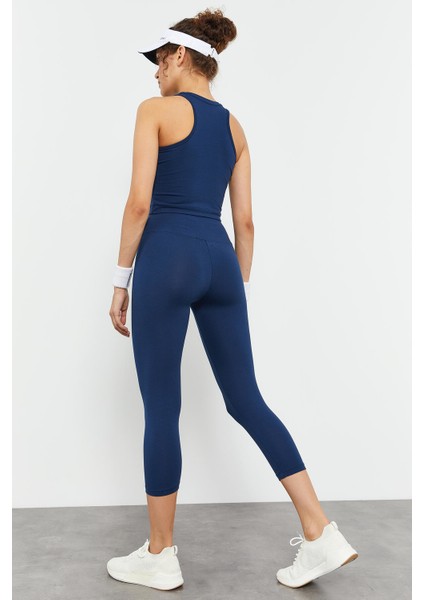İndigo Yüksek Bel Kapri-Crop Atlet Slim Fit Kadın Tayt Takım - 95284