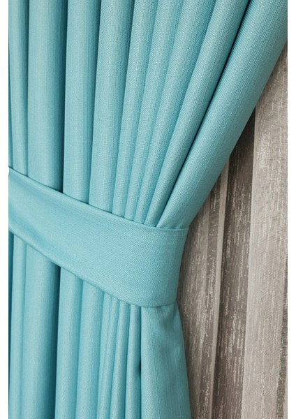 Keten Fon Perde, Turkuaz, Pano Fon, Sık Pile, Kuşaklı, Düz Renk, Tek Kanat