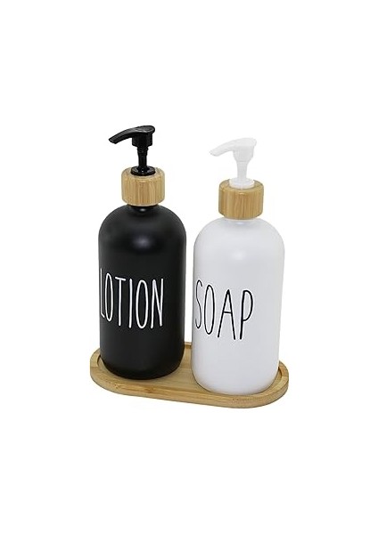 Aee® 2'li Cam Sıvı Sabunluk ve Losyonluk Seti - Bambu Kapaklı ve Altlıklı - 500ML Siyah & Beyaz Pom