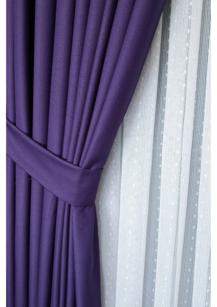 Keten Fon Perde, Mor, Pano Fon, Sık Pile, Kuşaklı, Düz Renk, Tek Kanat