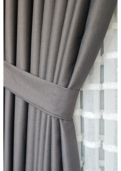 Keten Fon Perde, Antrasit, Pano Fon, Sık Pile, Kuşaklı, Düz Renk, Tek Kanat