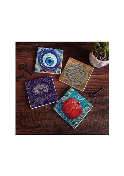 Pinecone Stone Nazar, Yaşam Çiçeği, Hayat Ağacı, Nar Taş Bardak Altlığı Seti - 4 Parça - Dekoratif,