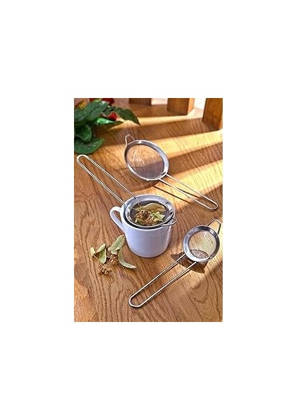 Paslanmaz Çelik 3'lü Çay Süzgeç Bitki Çayı Süzeceği 3 Parça Süzecek Set 8-10-12 cm