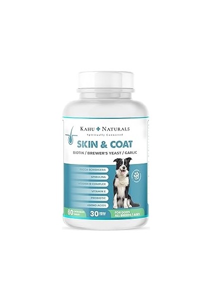 Kahu Naturals Skin&coat, Deri ve Tüy Sağlığı Takviye, Bira Mayası, Sarımsak, Mos, Spirulina, 60 Tab