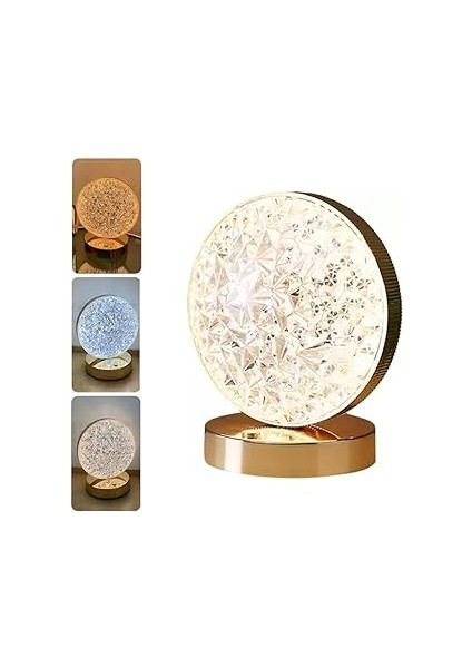 Aksesuarcı Yuvarlak Kristal Dekoratif 3 Mod Renkli Masa Lambası Dokunmatik Dimerli LED Gece Işığı