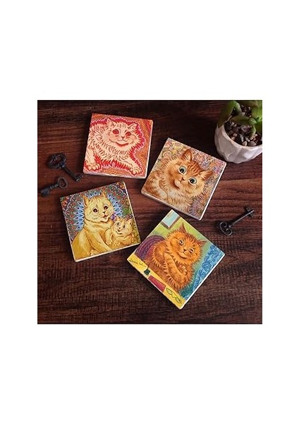 Pinecone Stone Louis Wain Kediler Taş Bardak Altlığı Seti - 4 Parça - Dekoratif, Rustik Mutfak Akse
