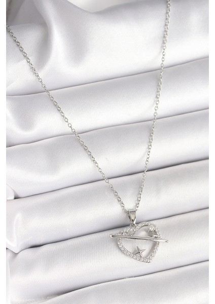 316L Çelik Gümüş Renk Zincir Zirkon Taşlı Kalp Model Yıldız Detay Kadın Kolye - TJ-BKO9860 fiyatları