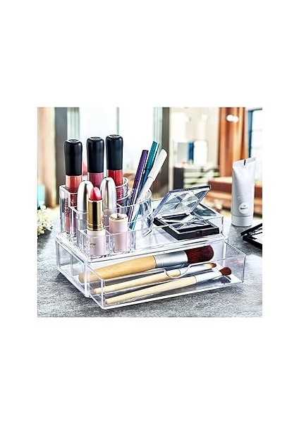 Deconox 9 Bölmeli Çekmeceli Podyum Kozmetik Ürün Düzenleyicisi, Podyum Şeklinde Akrilik Makyaj Orga