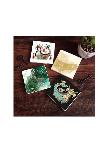 Pinecone Stone Soyut Sanat, Şahmeran Taş Bardak Altlığı Seti - 4 Parça - Dekoratif, Rustik Mutfak A