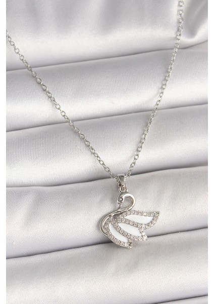316L Çelik Gümüş Renk Zincir Zirkon Taşlı Kuğu Model Kadın Kolye - TJ-BKO9997