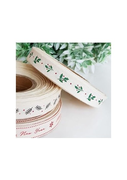 Bimotif Pamuk Şerit, Holly, 1.5 cm 2 Metre Natürel
