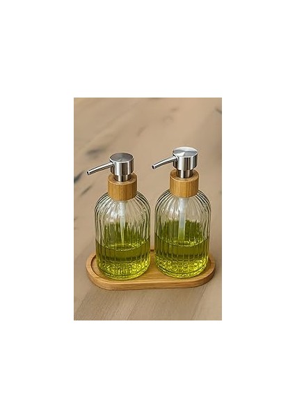 Zbern 2’li Cam Sıvı Sabunluk Seti – Füme Renk, 300 ml Şeffaf Cam Gövde, Doğal Bambu Başlık ve Stand