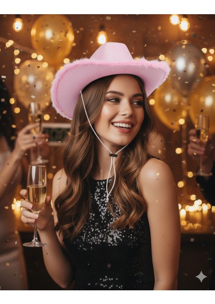 56 cm Baş Çevresi Pembe Simli Tüylü Kovboy Şerif Şapkası – Parti ve Yılbaşı Şapkası