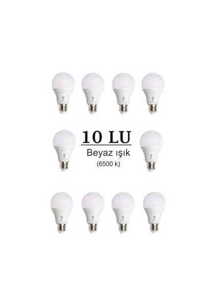 Wellhise LED Ampul 9 Watt 10'lu Paket Beyaz Işık 6500 K E27 Standart Duy